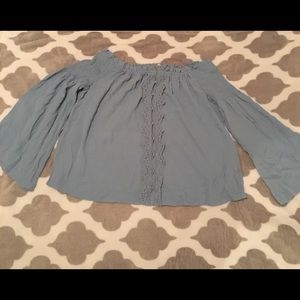 Powder blue off the shoulder shirt